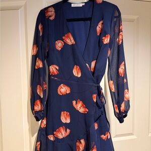 All in Favor Navy and Orange Floral Long Sleeve wrap Dress